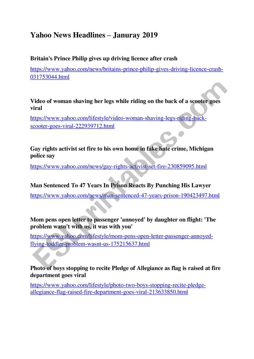 Yahoo News Headlines â€“ February 2019.