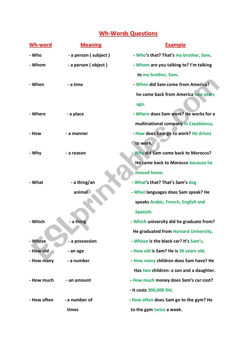 Wh Words worksheet