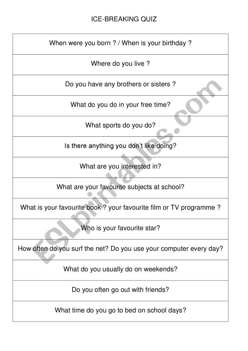 Ice Breaking Quiz worksheet