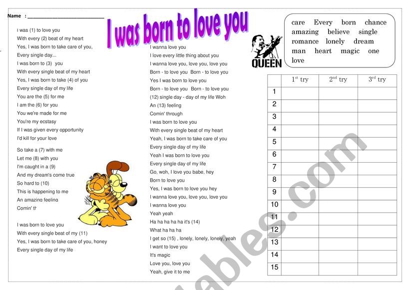 I was born to love you  worksheet