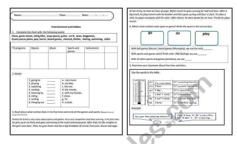 hobbies and etertaiment  worksheet