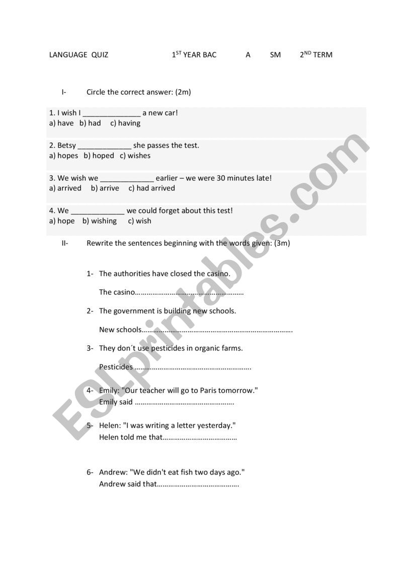 language quiz 1st year bac worksheet