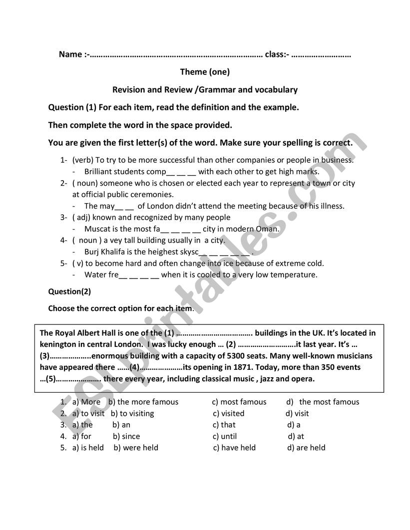 Revision and Review  worksheet
