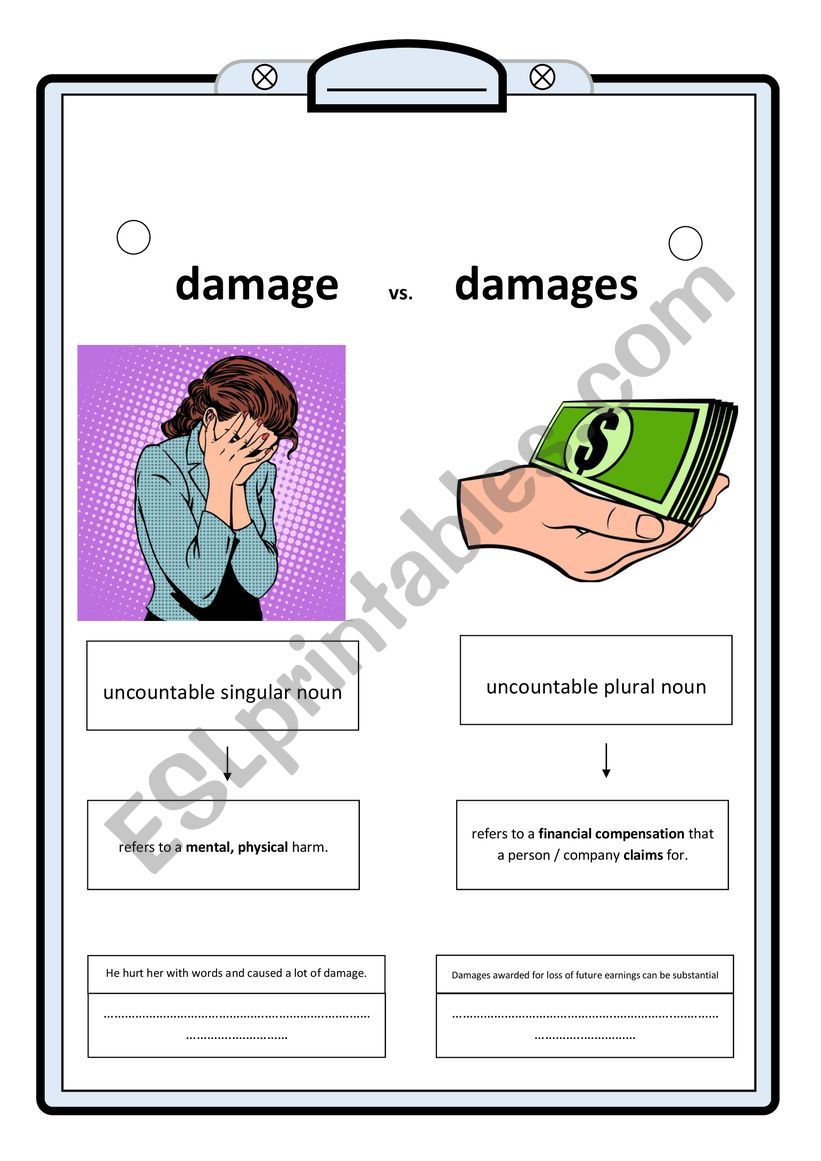damage vs. damages worksheet