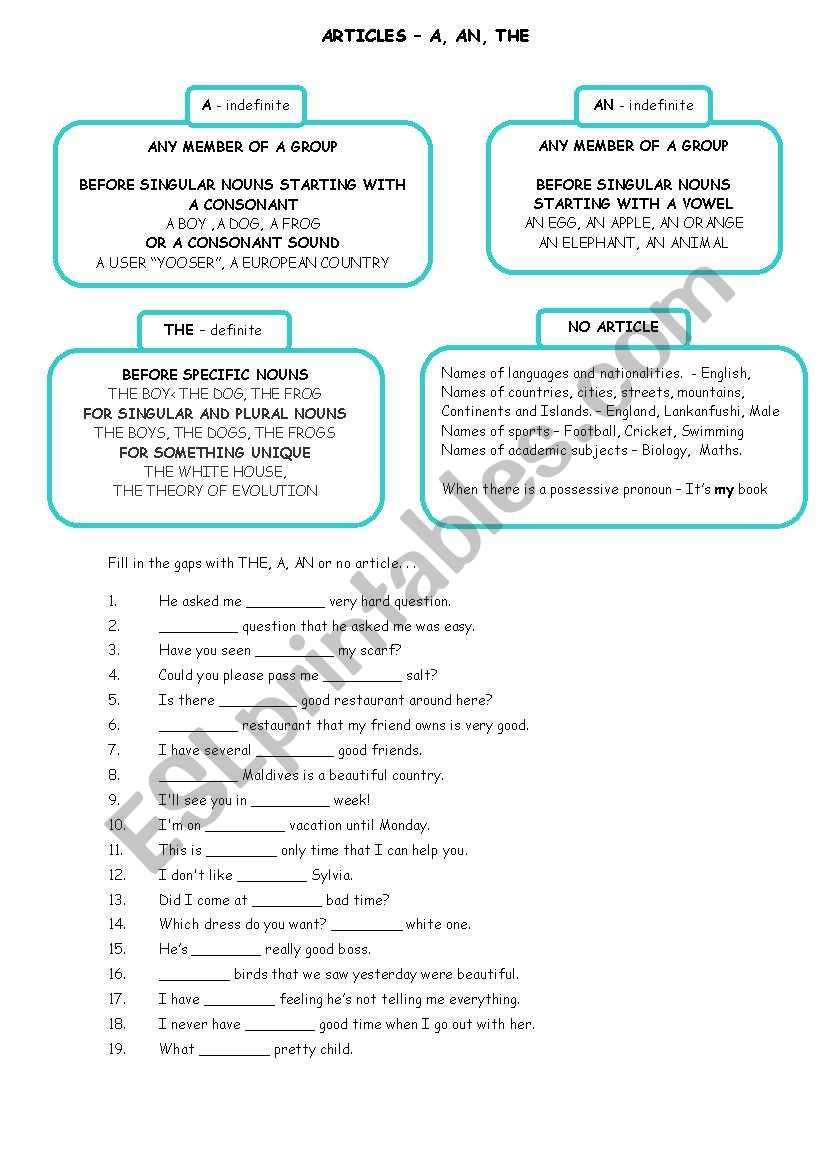 A, AN, THE or NO ARTICLE worksheet