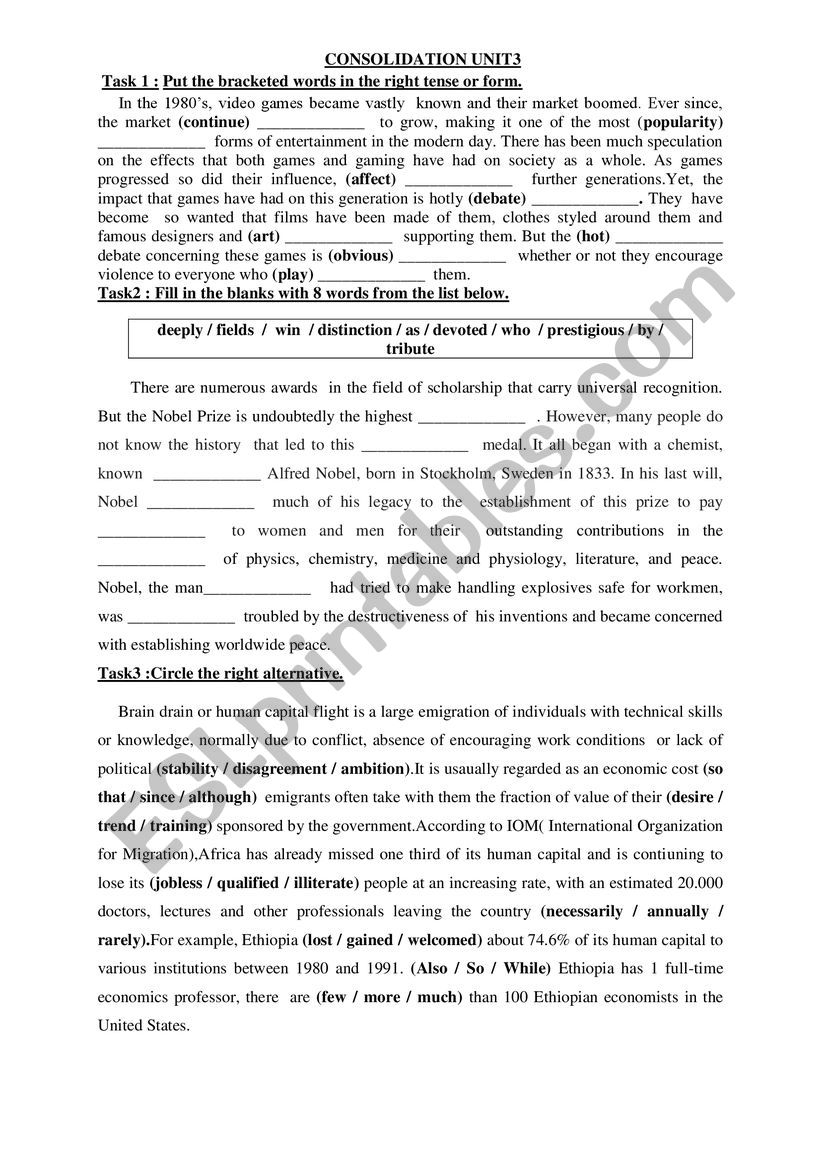 Consolidation tasks unit3 worksheet