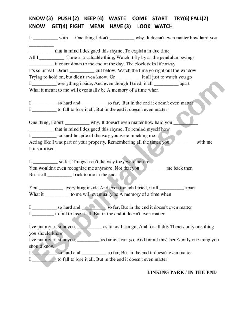 Linkin Park - In the end worksheet