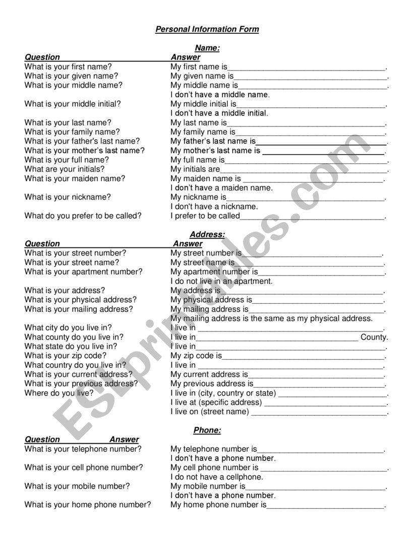 Personal Information worksheet