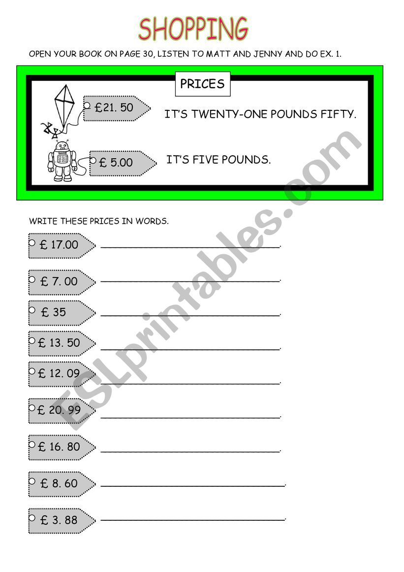 SHOPPING & PRICES worksheet