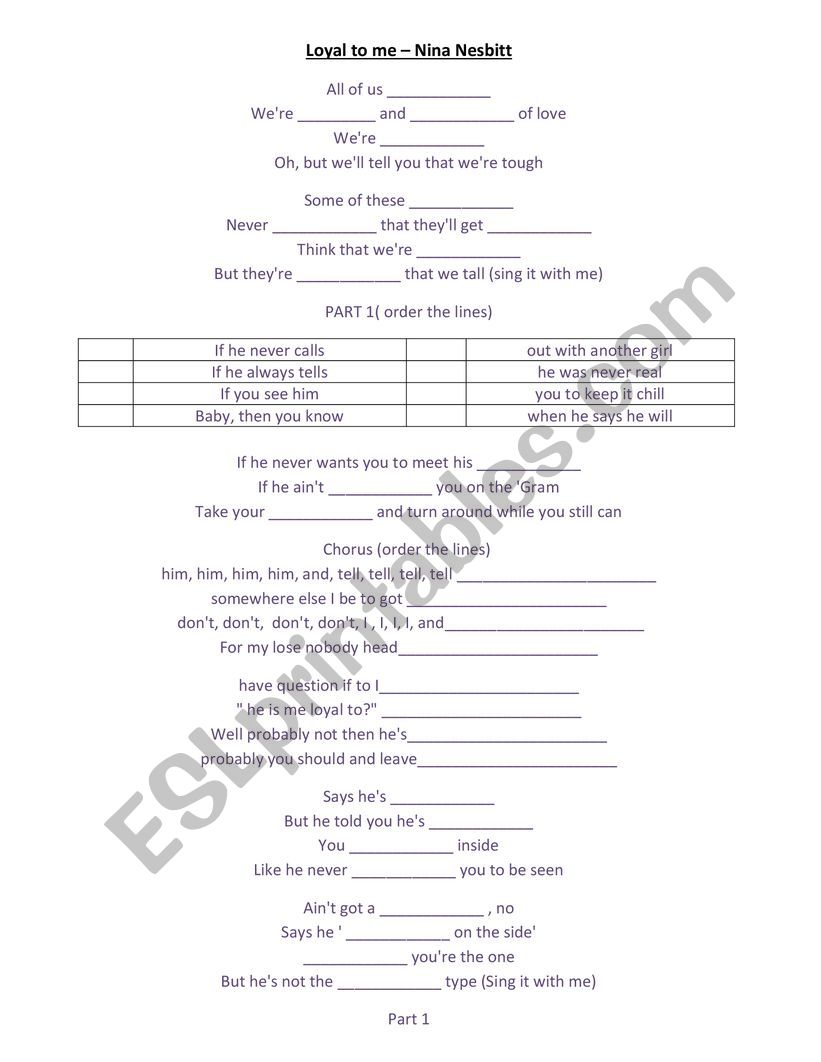 Nina Nesbitt - Loyal To Me worksheet