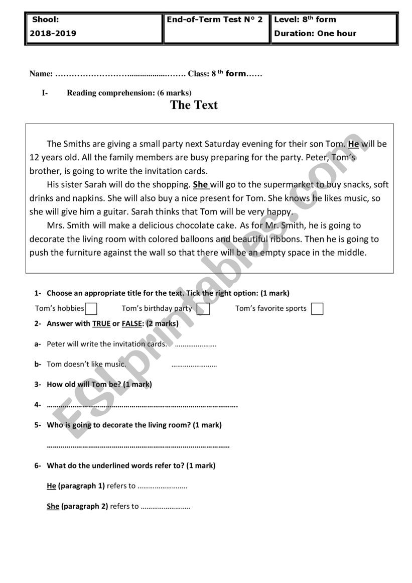 End of term test 2 8th form worksheet