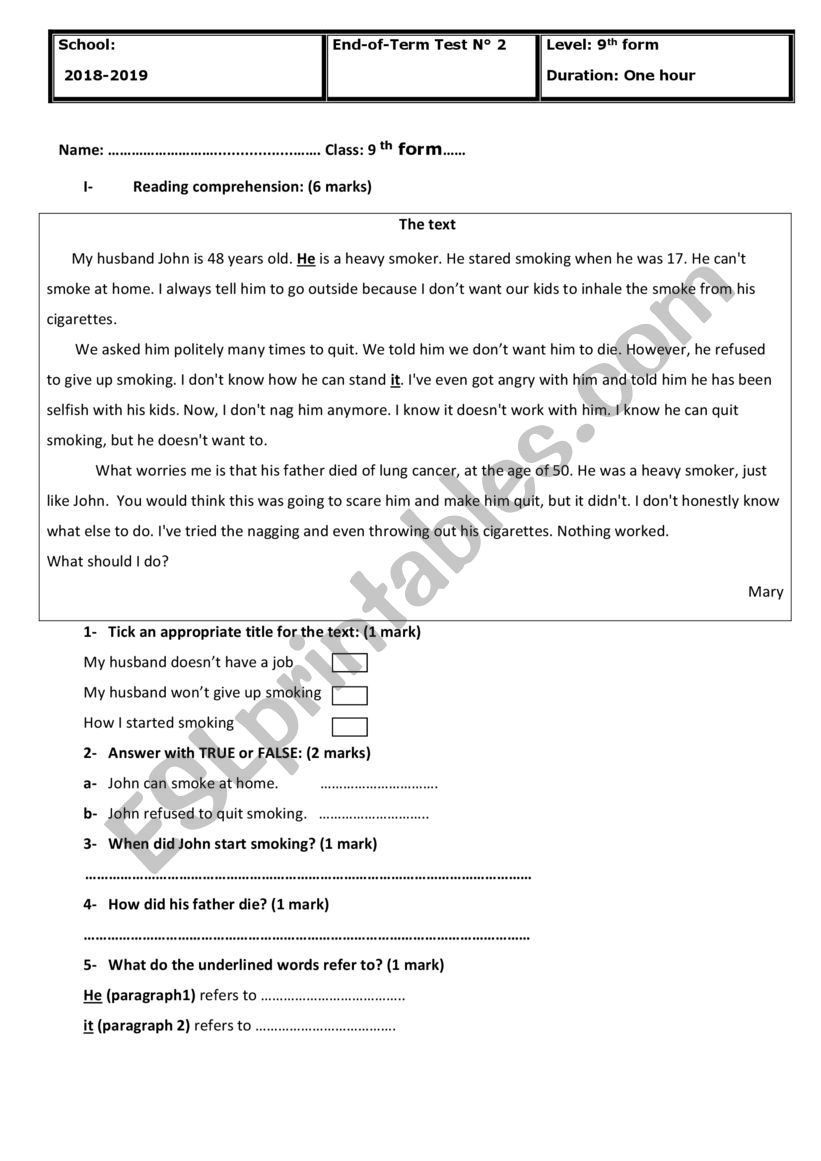 End of term test 2 9th form worksheet