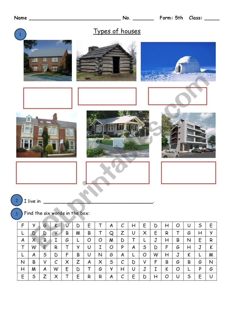 types of houses/house parts worksheet