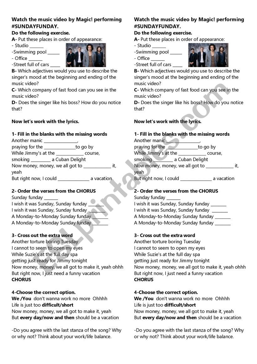 Song Sunday funday by MAGIC! worksheet