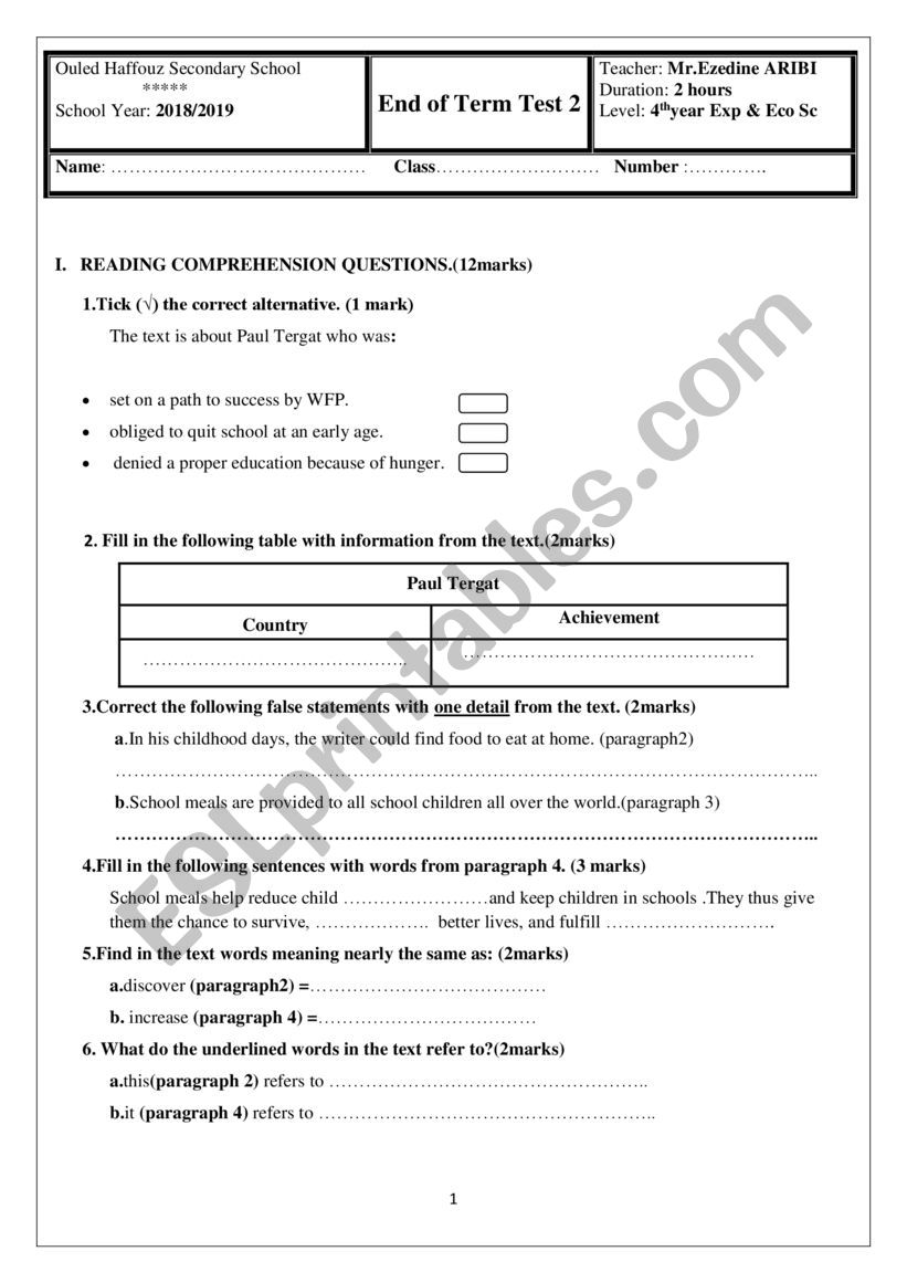 end of term test 2 worksheet