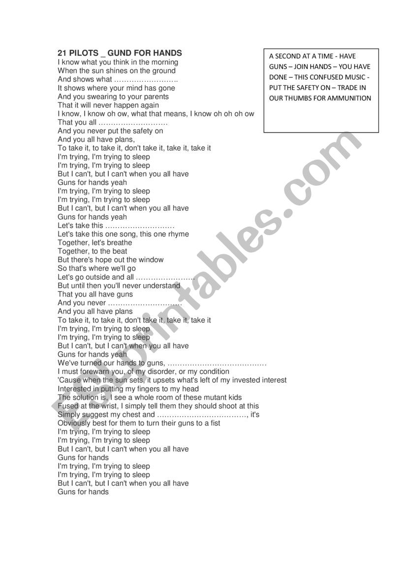 GUNS FOR HANDS BY 21 PILOTS worksheet