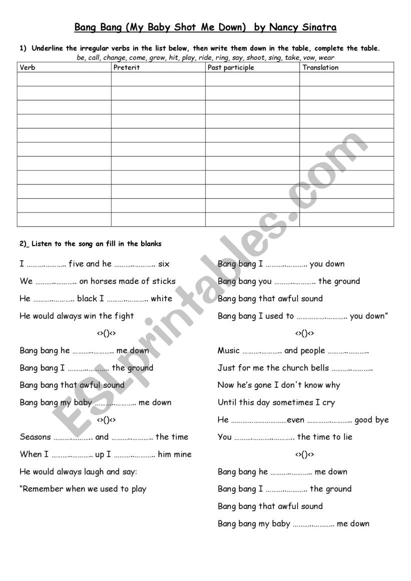 The Song Bang Bang By Nancy Sinatra Esl Worksheet By Poilly