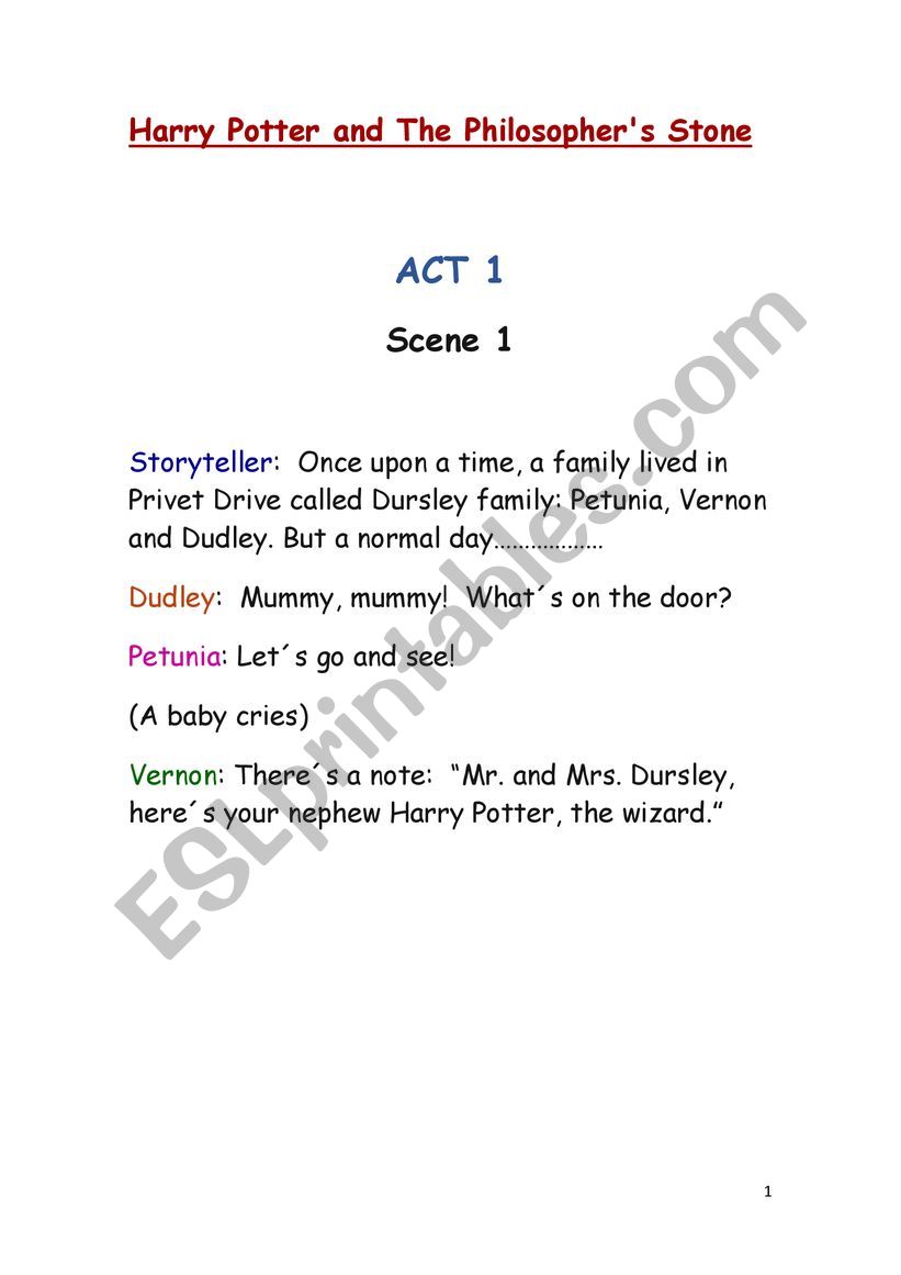 Harry Potter playscript worksheet