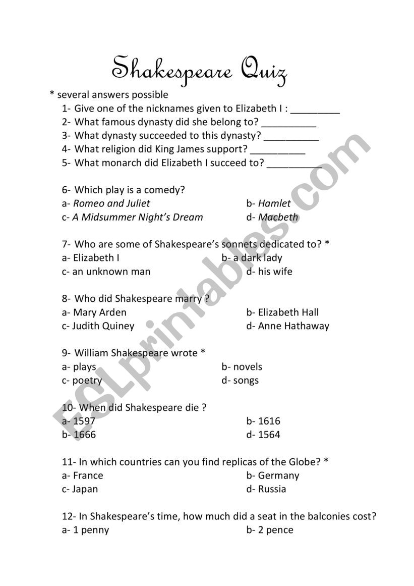 Shakespeare Quiz worksheet