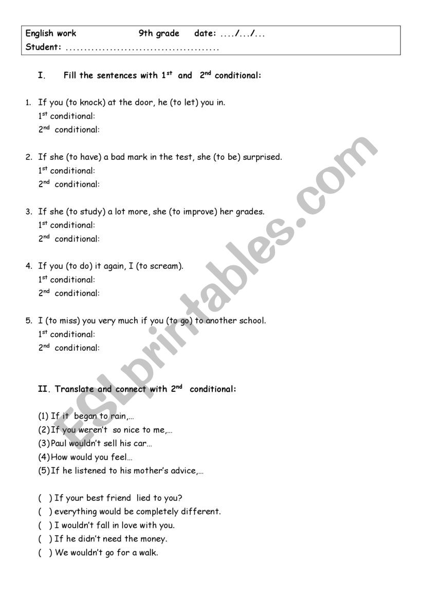 Contitional 1st and 2nd worksheet