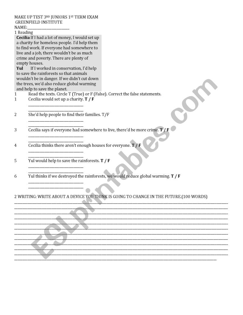 tests 3rd juniors worksheet