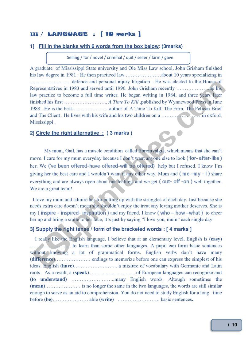 bac big english test worksheet