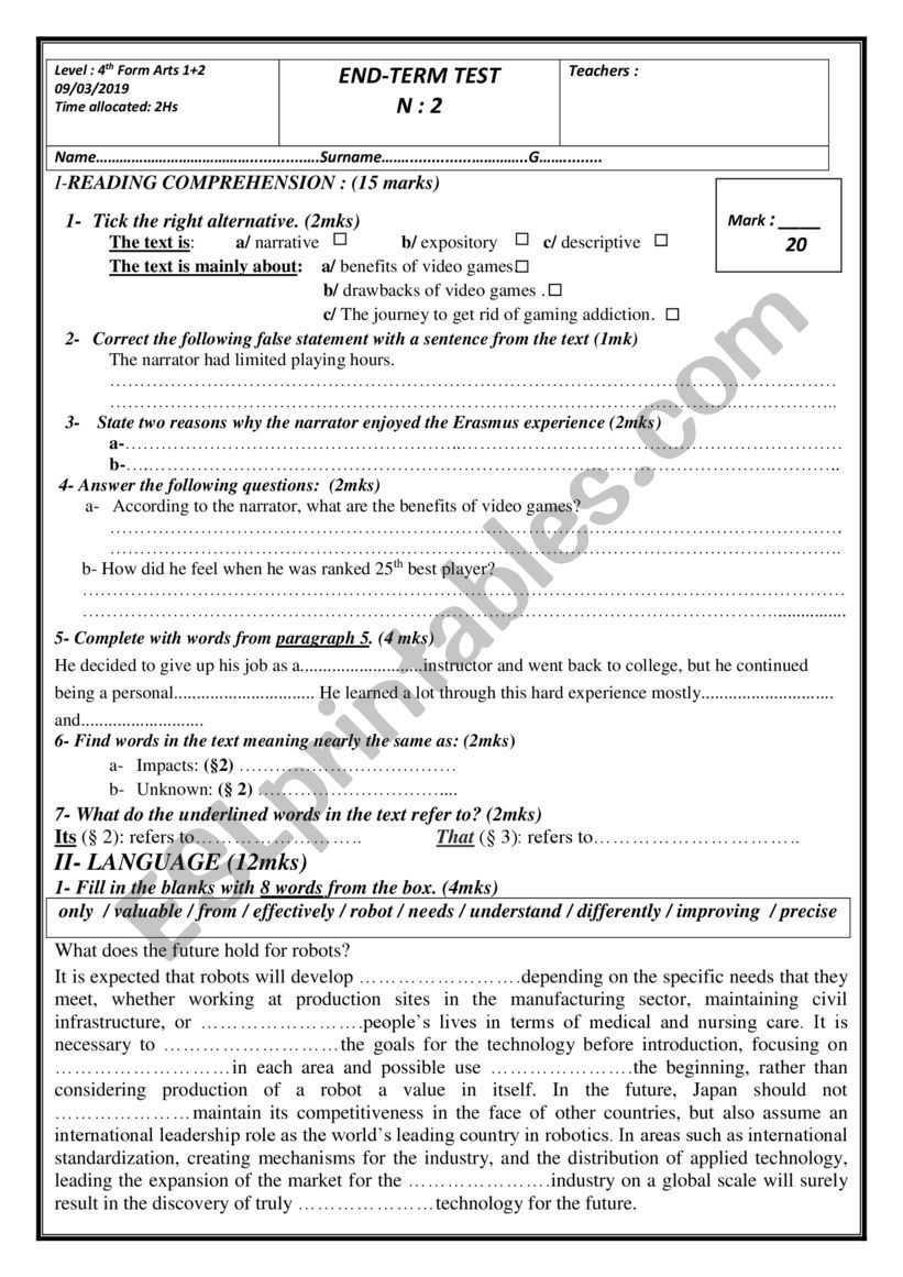 End - term test 2 fourth form worksheet