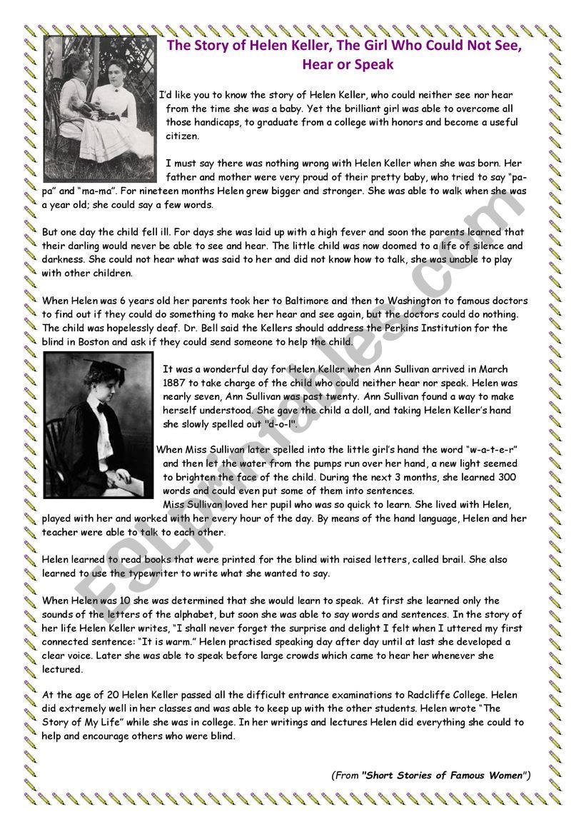 The story of Helen Kellar worksheet