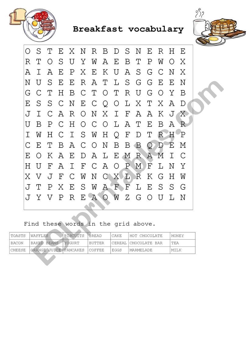 Crossword breakfast food worksheet