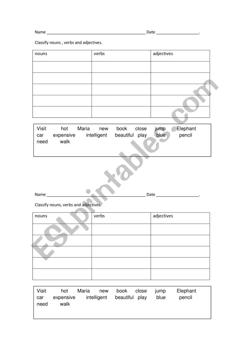 classify nouns, verbs and adjectives