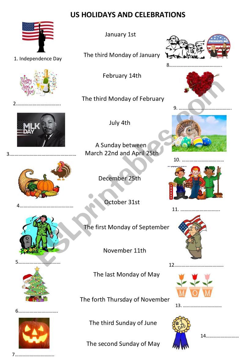 US Holidays and Celebrations worksheet