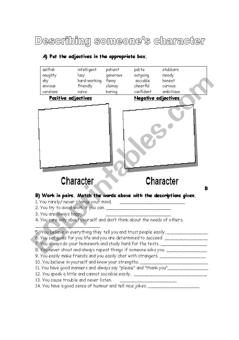 DESCRIBING ONES CHARACTER worksheet