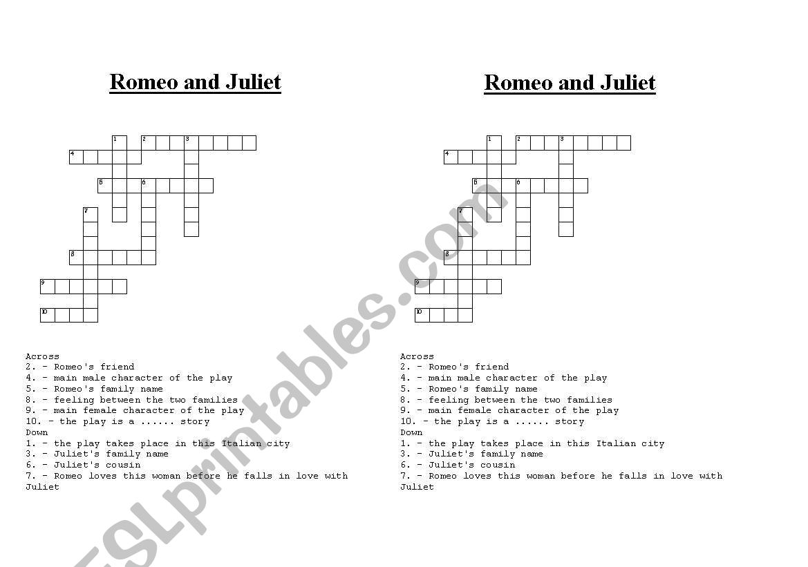 Crosswords on Romeo and Juliet