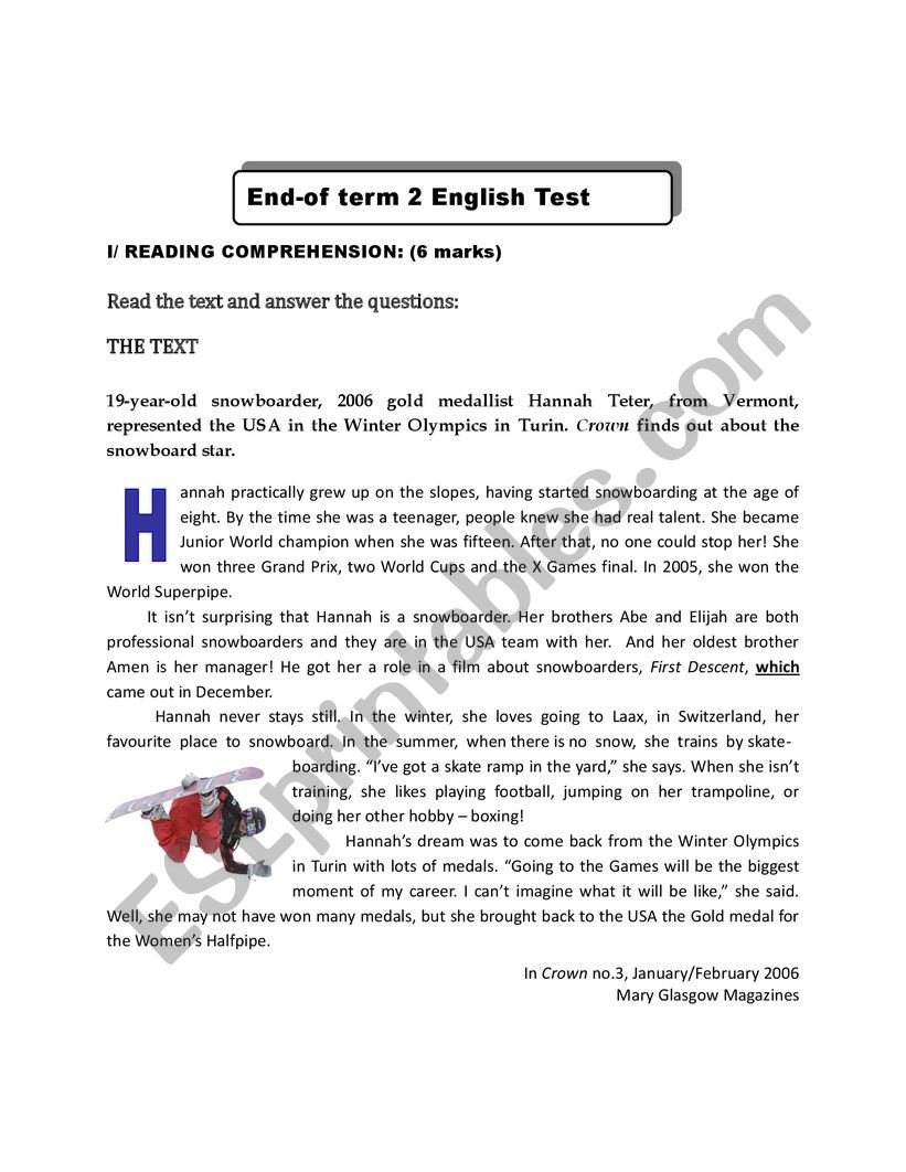 End  of term 2 TEST  8th form worksheet