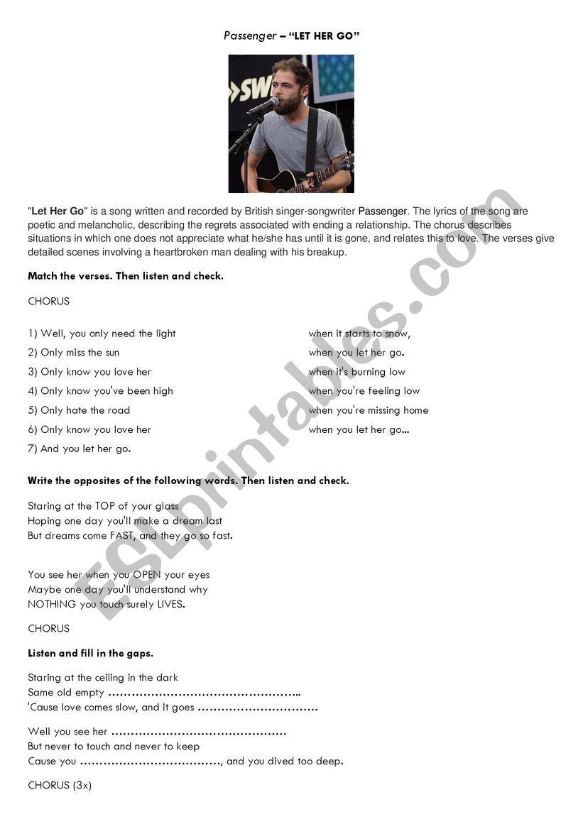 Let her go (Passenger) worksheet