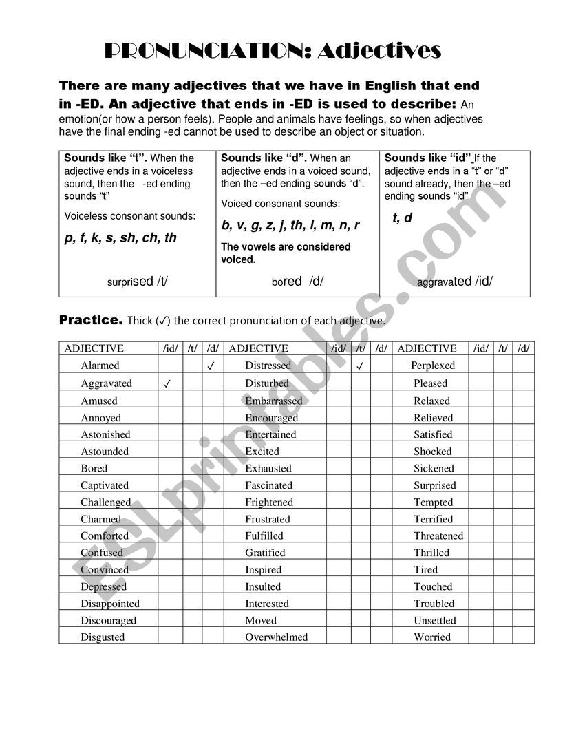 Adjectives Pronunciation worksheet