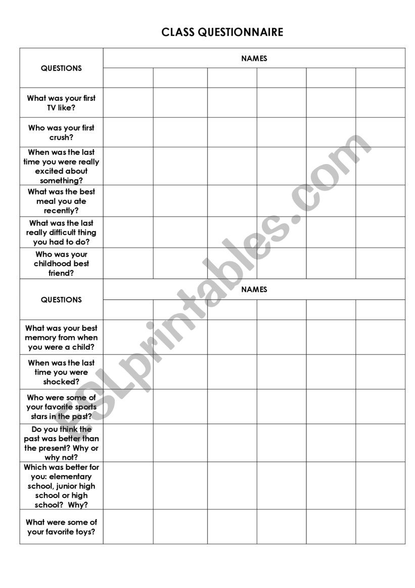 Was/were questionnaire worksheet