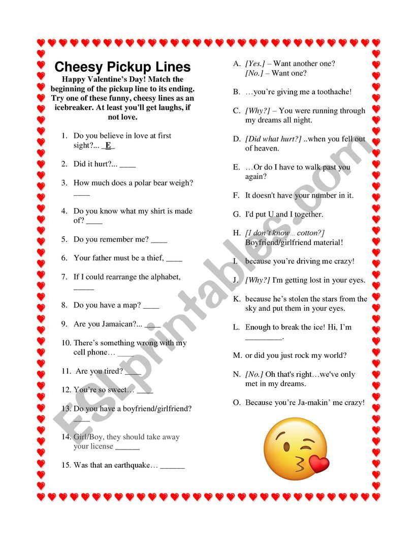 Cheesy Pickup Lines worksheet Cheesy Pickup Lines worksheet