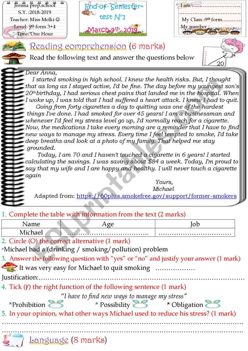 End-of-semester test 9th form worksheet