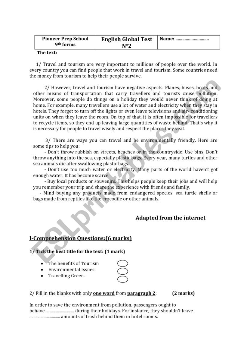 End of Term Test 2 Grade 9 worksheet