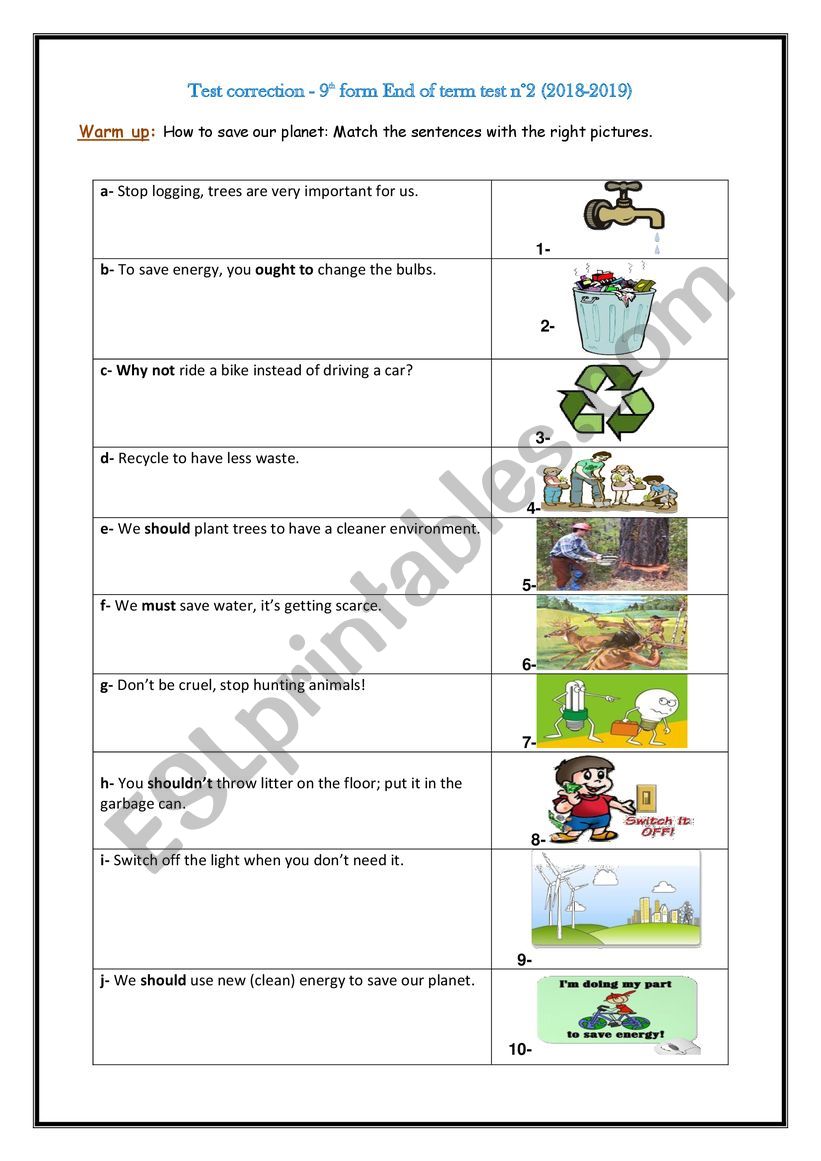 Test correction 9th form End of term test n2 (2018-2019)