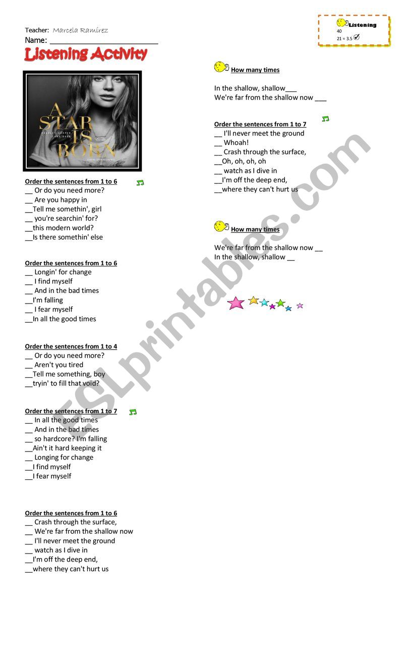 Shallow- Lady Gaga worksheet