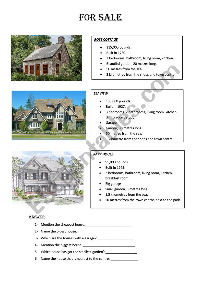Houses for sale worksheet