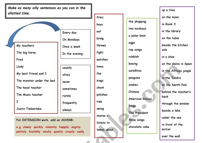 Sentence generator to practise present simple tense and prepositions