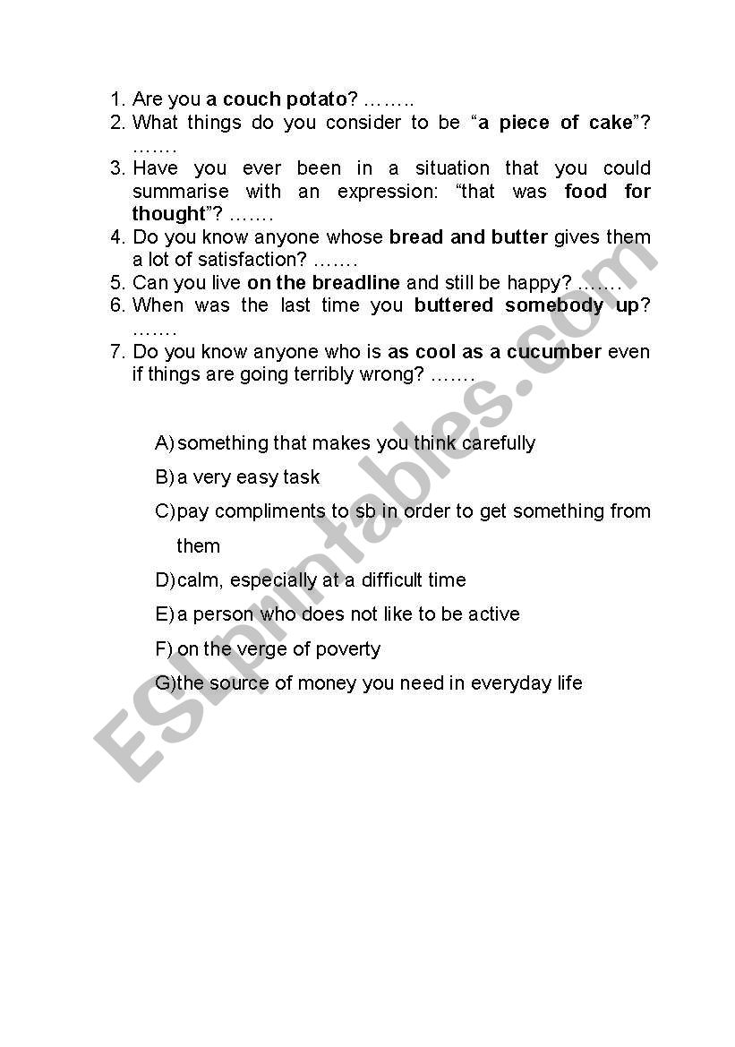 FOOD IDIOMS worksheet