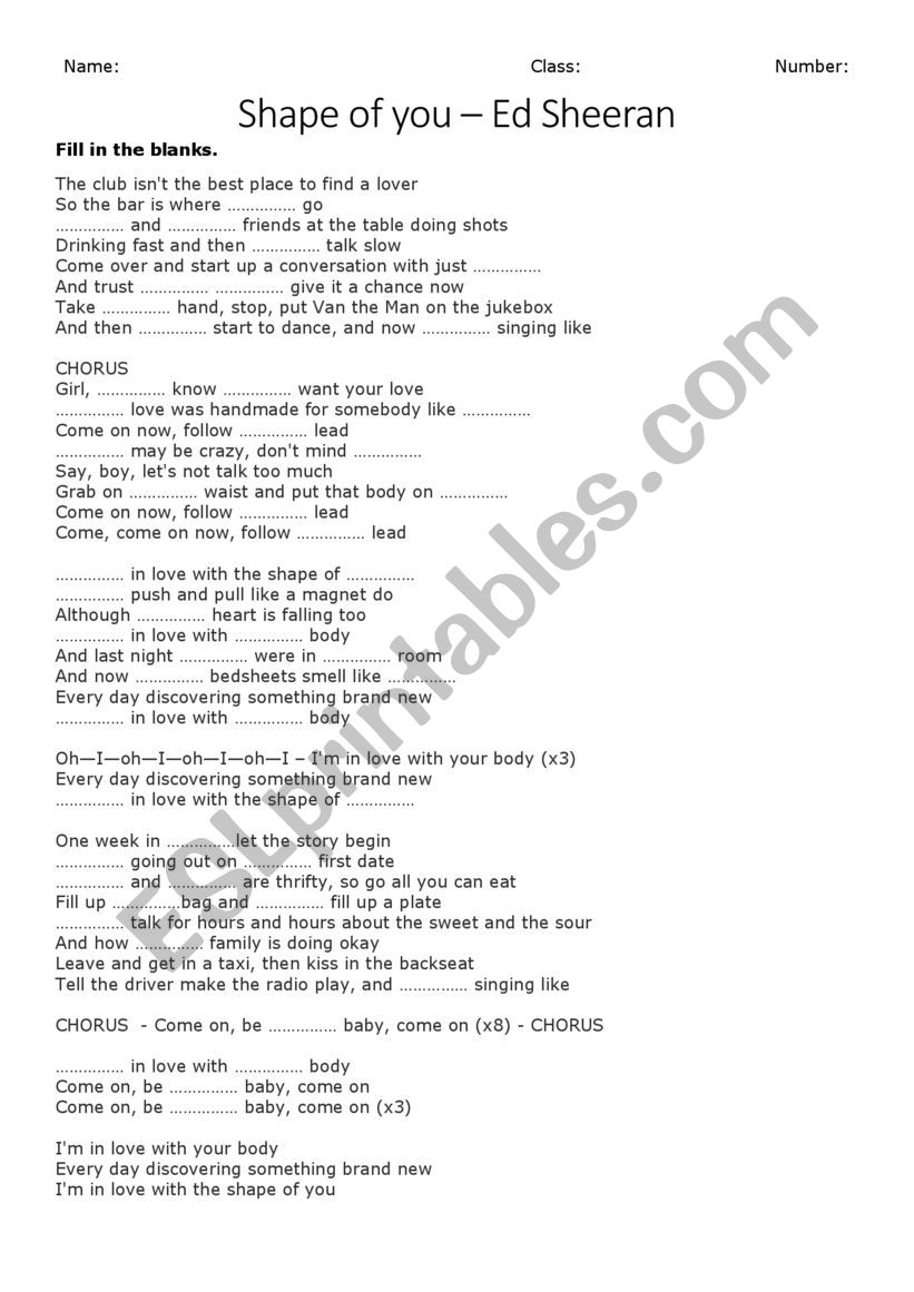 Ed Sheeran - shape of you worksheet