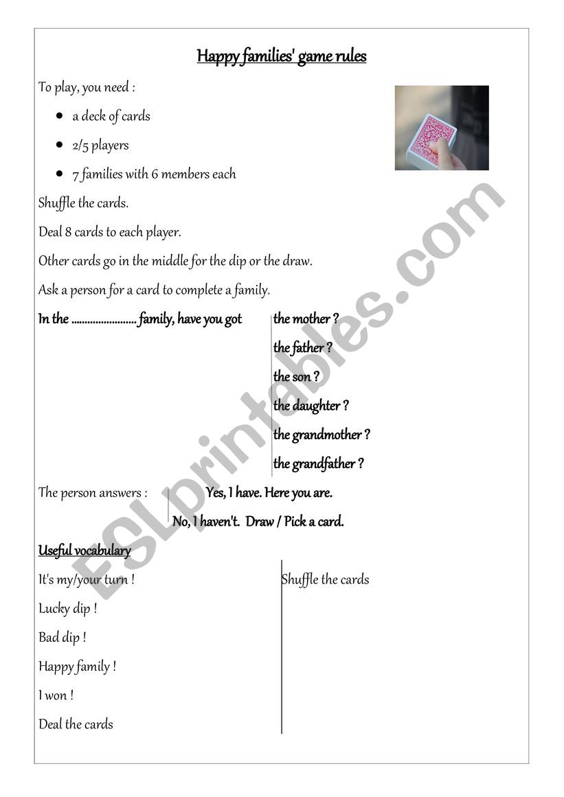 Happy families game rules worksheet