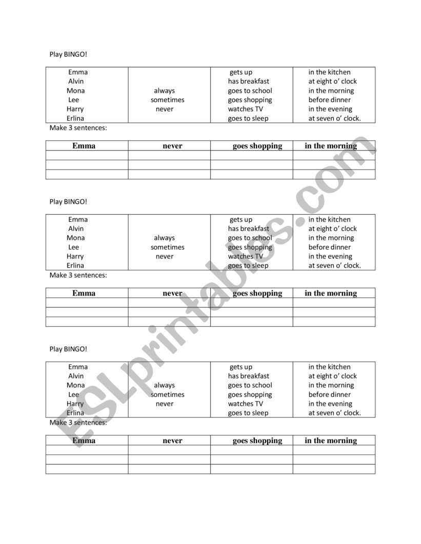 bingo daily routines worksheet