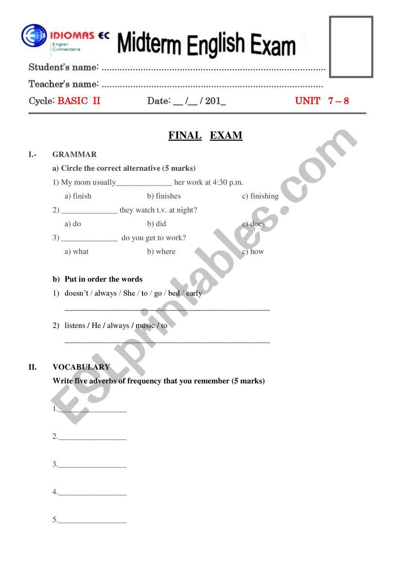 Basic II Final Exam worksheet