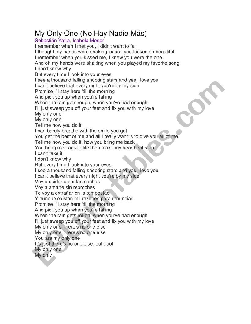 My Only One Song Sebastian Yatra Esl Worksheet By Ischala26